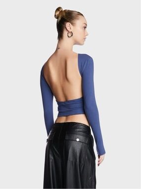 NWT Edikted “Haven” blue open-back long sleeve crop top (small)
